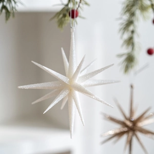 Sparkling white star Christmas ornament hanging on a pine tree branch for festive decor