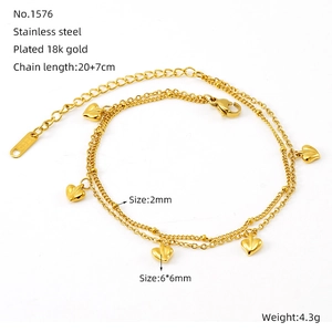 Double-layered 18k gold plated stainless steel anklet with delicate heart pendants