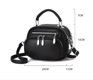 Detailed size specifications of black lychee leather handbag with triple zippers