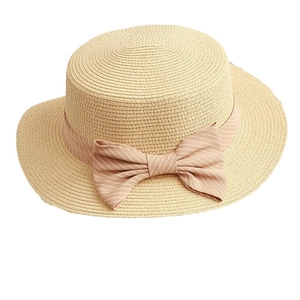 Chic beige straw boater hat featuring a pink and white striped ribbon bow for sun protection