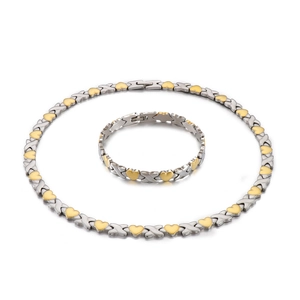 Polished titanium steel jewelry set featuring silver X-links and golden heart accents