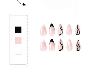 Détails de faux ongles roses avec des bords français ondulés noirs et blancs élégants