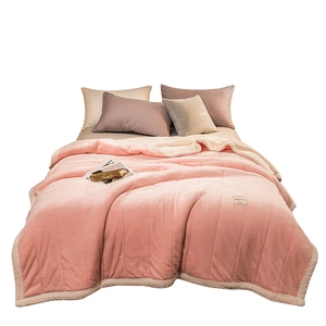 Pink three-layer thickened flannel and sherpa fleece blanket with vertical quilting
