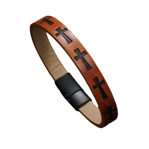 Men's multilayer brown leather bracelet with black cross pattern and magnetic buckle