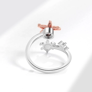 Silver sea turtle and rose gold starfish adjustable open ring for women jewelry