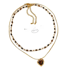 Double-layer gold necklace set featuring heart-shaped tiger eye pendant and beaded chain