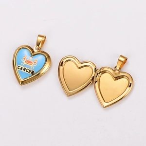 Golden heart locket pendant with blue Cancer zodiac enamel design in open and closed views