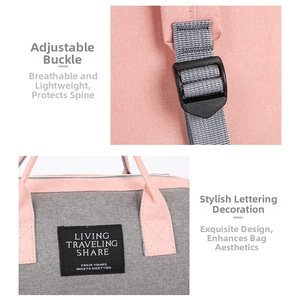 Detail of adjustable strap buckle and logo patch on oxford fabric diaper backpack