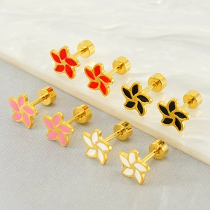 Floral Stud Earrings Stainless Steel 18K Gold Plated Enamel Screw Back Minimalist Elegant Flower Jewelry For Women