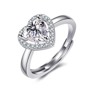 Classic S925 sterling silver heart-shaped ring with halo sparkling crystals on white base