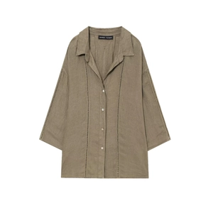 Olive green linen v-neck blouse with hollow-out embroidery and front buttons