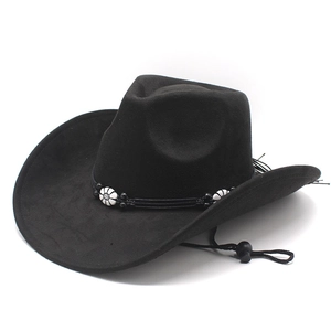 Chapeau de cowboy en daim noir épais avec boucle florale et cordon coupe-vent réglable