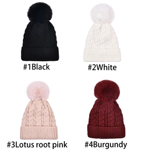 Winter cable knit pom pom beanies in black, white, pink and burgundy colors