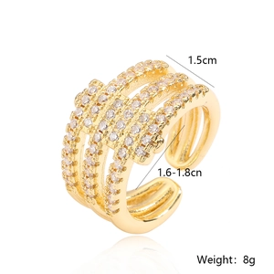 Close-up of wide gold-plated ring with triple layers of sparkling micro-pave zircons