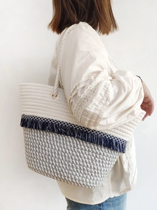 Bohemian large capacity woven tote bag with fringe details and contrast stitching