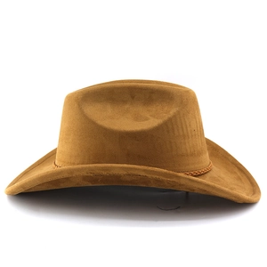 Detailed texture of brown faux suede western cowboy hat with a braided rope band
