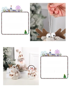 Detail of Christmas plush pendants showing reindeer, Santa and snowman with hanging loops
