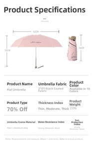 Detailed size chart for the lightweight pink UV umbrella with 210T black glue coating