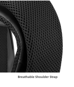 Detail of black backpack shoulder straps with breathable honeycomb mesh padding