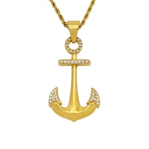 Hip hop anchor pendant necklace in gold with white rhinestones on white background