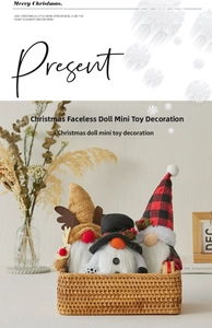 Three festive Christmas gnomes with plaid hats in a woven basket for home decor