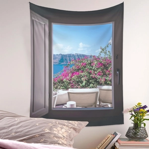 Detail of wall tapestry featuring a fake window view with Mediterranean sea and bougainvillea