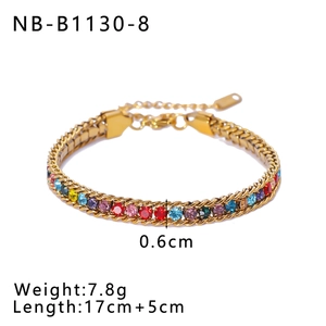 Detail view of 18K gold plated stainless steel bracelet with rainbow zircon stones