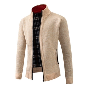 Men's slim fit zip-up knit cardigan in beige with red stand collar and plaid lining