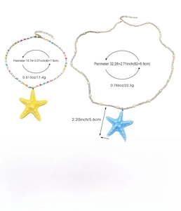 Detailed size and weight chart for colorful starfish pendant necklaces with beaded chains