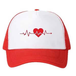Red and white trucker hat featuring a heart heartbeat print with breathable mesh back