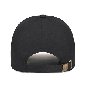 Rear view of black textured baseball cap with adjustable sport buckle and long brim