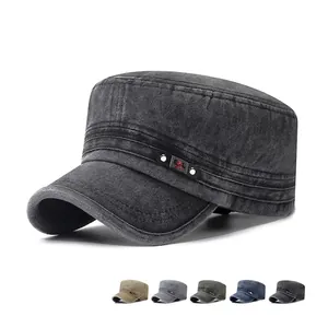 Washed Cotton Cadet Cap Vintage Distressed Army Hat Flat Top Military Sun Hat Adjustable For Men Outdoor Casual Styling