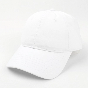 Close-up of a white cotton baseball cap showing twill texture and six-panel structure