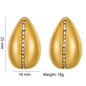 Golden teardrop stainless steel earrings with white cubic zirconia inlay, 25mm height