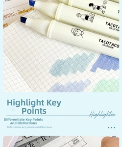 Detailed close-up of slanted tip highlighters with soft blue and grey ink ink strokes