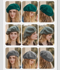 Detailed views of wool beret in dark green and grey showing texture and 360-degree fit