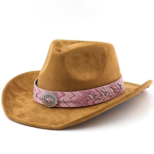 Classic camel suede western cowboy hat with ethnic style jacquard band and buckle