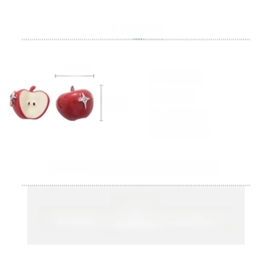 Detail view of red apple earrings with dimensions 1.5x1.5cm and copper material specs