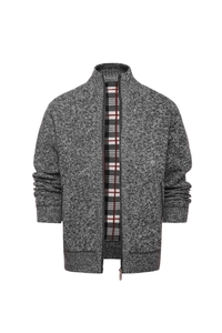 Close-up of grey knit cardigan with stand collar and classic plaid pattern lining