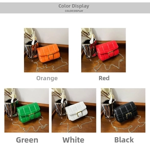 Quilted crossbody bag color options in orange, red, green, white, and black with chain