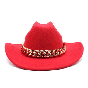 Classic red fedora hat with wide brim and gold chain decoration for men and women