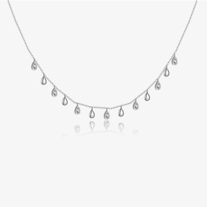 S925 sterling silver necklace with sparkling pear-shaped zircon tassels on white background