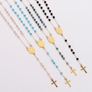 Vintage stainless steel oval pendant rosary necklace with faceted beads in four colors