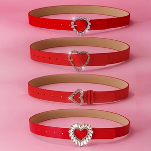 Women Western Style Red PU Leather Belt With Rhinestone Heart Shaped Pin Buckle Fashion Waist Strap Valentine Gift
