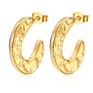Irregular textured C-shaped stainless steel earrings with 18K gold plating and butterfly back