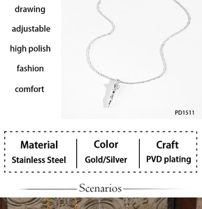 Detail view of adjustable stainless steel necklace showing PVD plating and product specs