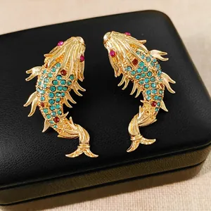 Koi Fish Rhinestone Earrings With Silver Earring Post Vintage Luxury Alloy Animal Jewelry For Women