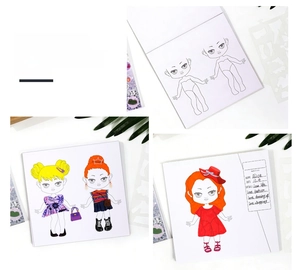 Detail of DIY 3D paper doll house dress-up sticker set with creative outfit templates