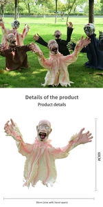 Detail of a 60cm Halloween zombie prop with bloodstains and 90cm arm span dimensions