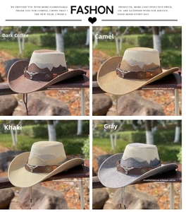 Cowboy straw hats with bull head metal ornaments and leather bands in four colors